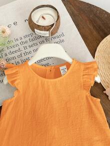SHEIN LMoss Kids LMoss Baby Girl Woven Solid Color Ruffle Trim Fitted Top,Kids - Orange - View 3