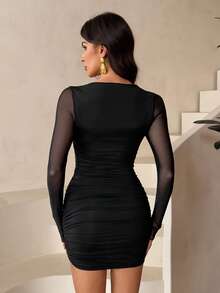 SHEIN Tall Women Sexy Mesh Sheer Round Neck Long Sleeve Ruffle Mini Dress,Summer Dresses For Women - Black - View 2