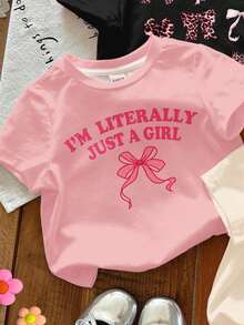 SHEIN 3 件套女婴可爱复古蝴蝶结图案休闲简约圆领短袖 T 恤，适合春夏季 - 彩色 - 查看 4