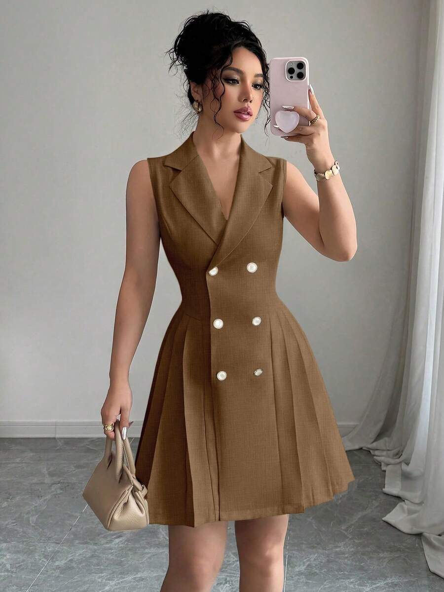 Rafferiza Women's Elegant Commuter Double-Breasted Pleated Hem Sleeveless Dress, Summer - Brown - View 1