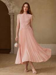 MOTF PREMIUM WOMEN'S PLEATED CONTRAST LACE ELEGANT DATE NIGHT SLEEVELESS MIDI DRESS, SPRING/SUMMER