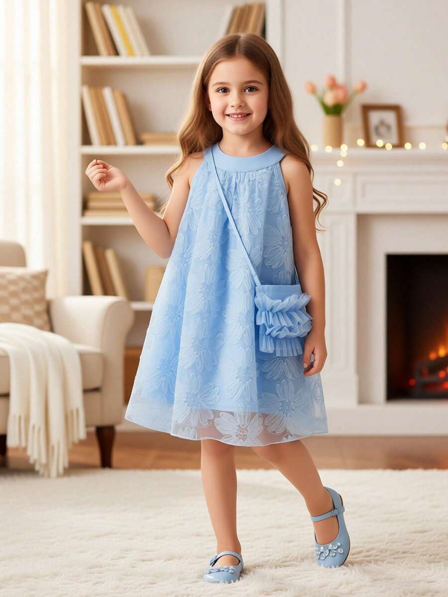 SHEIN 女童刺绣网纱花童婚礼派对公主裙，无袖荷叶边吊带连衣裙配斜挎包，夏季 - 藍色 - 查看 1