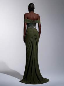 Elitara Đầm maxi sang trọng, cổ điển, trễ vai, đính sequin và thêu, chất liệu chiffon xếp ly, vạt đuôi cá, thích hợp cho các lễ hội, đám cưới, dạ hội, hòa nhạc, sự kiện kinh doanh và các dịp dành cho người nổi tiếng trên mạng xã hội. - màu xanh lá - Xem 3