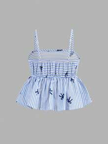 Firerie Kids 少女蝴蝶结花卉蓝色条纹吊带背心+宽松长裤两件套，休闲时尚，百搭，适合派对、郊游、姐妹合照、公园、露营、度假、日常休闲等场合。 - 藍色 - 查看 5