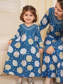 SHEIN Loose, Elegant, Simple & Comfortable Abaya Style Print Dress, Young Girls - Green - View 2