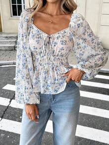 Pariaura Sweetheart Collar Lantern Sleeve Cinched Waist Shirred Tie-Up Ruffle Hem Elegant Blouse - Blue - View 9