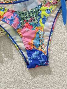 Swim Vcay 2pcs/Set Summer Beach Floral Print Halter Crop Top And Tie Side Bow Bikini Bottom Swimsuit - Multicolor - View 5