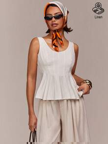 COSMINA Top décontracté pour femmes, col en V plissé sans manches, couleur unie. Top élégant en lin, convient pour le port estival et quotidien - Nude - Voir 1