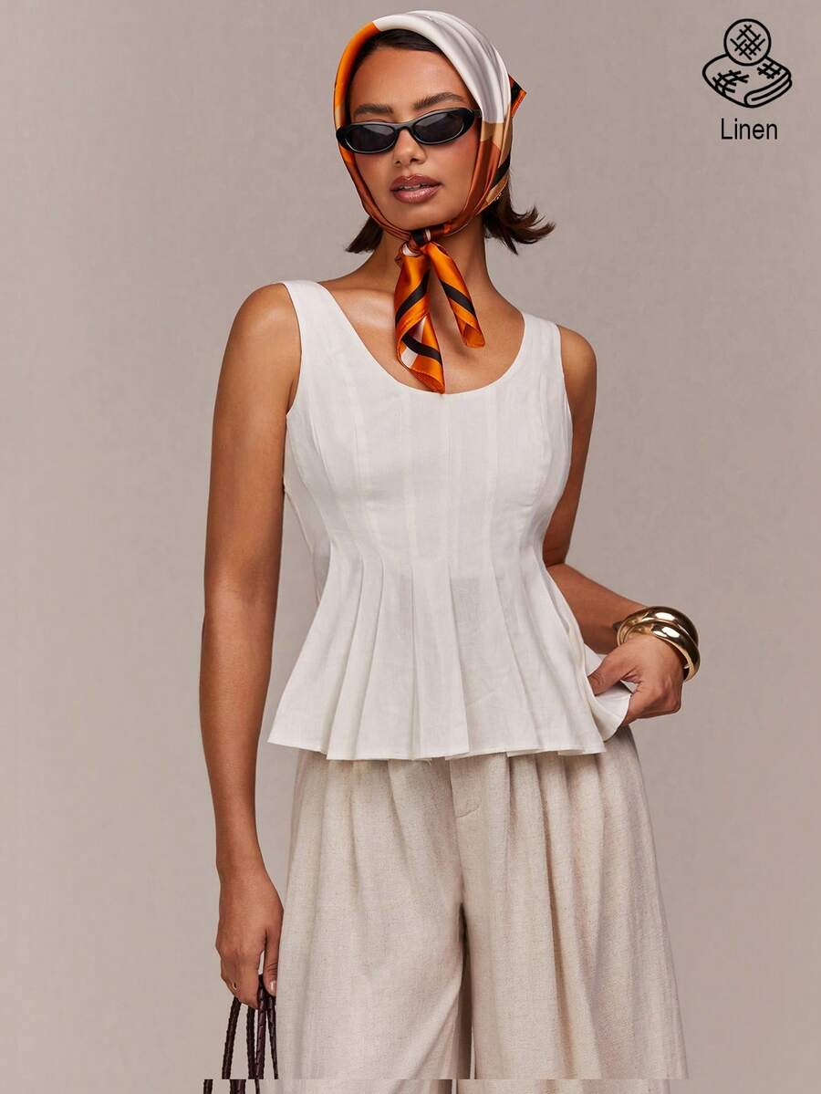 COSMINA Top décontracté pour femmes, col en V plissé sans manches, couleur unie. Top élégant en lin, convient pour le port estival et quotidien - Nude - Voir 1