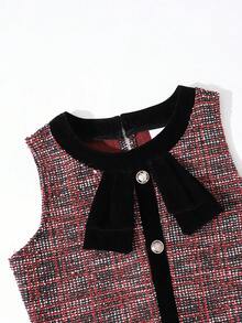 Conjunto de camiseta de cuello alto sólida y vestido ajustado sin mangas con bolsillo falso y lazo para niña preadolescente, elegante y vintage, adecuado para uso diario, citas y reuniones - Negro - Ver 3