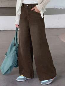 Dazy Kids Tween Girls' Pocketed Wide Leg Loose Casual Versatile Jeans - Brown - View 1