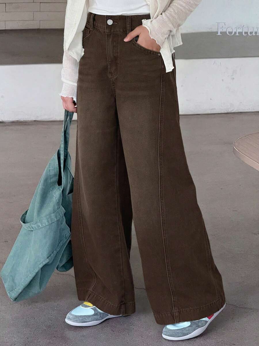 Dazy Kids Tween Girls' Pocketed Wide Leg Loose Casual Versatile Jeans - Brown - View 1