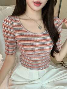 DAZY 女士休闲日常通勤撞色条纹印花圆领短袖修身T恤，夏季 - 彩色 - 查看 6