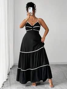 Elenzga 大码女装夏季新款黑白撞色度假风复古性感束腰木珠吊带连衣裙。适合场合：度假、日常休闲穿着、轻度社交场合、约会、正式活动、小型晚宴、小型派对、朋友聚会。 - 黑與白 - 查看 7