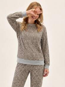 Women Cotton Leopard Print Round Neck Long Sleeve Top & Fake Drawstring Pants Ladies Pajama Set Leopard Pajamas Women Leopard Pj Set Animal Print Pajama Set Cheetah Print Pj Set Leopard Print Pajamas - Multicolor - View 5