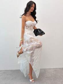 Firerie Chân váy nữ thanh lịch với eo chun, ren hoa, vạt bất đối xứng. - trắng - Xem 7