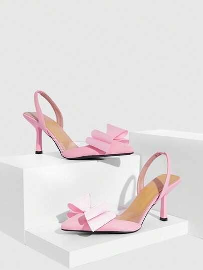 CUCCOO SZL Women's High Heel Pointed Toe Pink Satin Transparent Jelly Bow Elastic Back Strap Peep Toe Fashion Pumps, Elegant Office Commute Slingback Shoes Valentine's Day