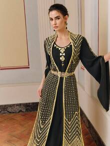 Anewsta Elegante bata negra artesanal con bordado dorado y cuentas, con cintura ceñida 2 en 1 - Negro - Ver 5