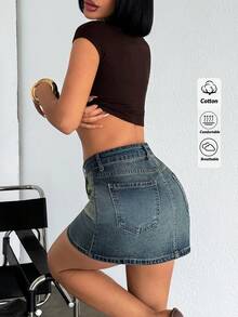 EURMUSE 女款夏季休閒水洗牛仔裙 - 中等水洗藍 - 查看 8