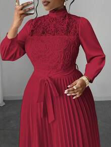 Maweii 大码女士优雅拼接收腰长裙 - 紅色 - 查看 6