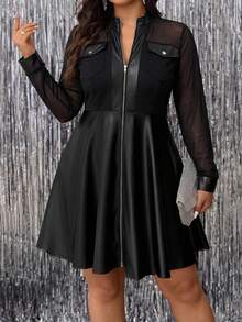 SHEIN Clasi Đầm dáng rộng phối lưới tương phản, khóa kéo, thích hợp cho mùa thu. - màu đen - Xem 10