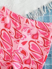 SHEIN 女婴爱心印花弹力吊带背心和喇叭裤套装（2件套），可爱印花百搭套装 - 粉色 - 查看 7