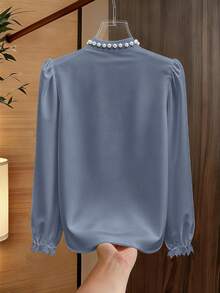 Franclia 女士休闲通勤圆领长袖珍珠装饰衬衫，优雅百搭，适合工作场合，秋冬季穿着。 - 霧霾藍 - 查看 2