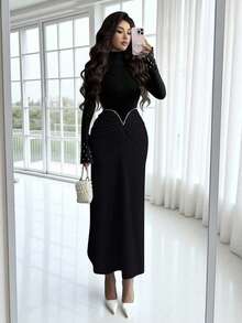 Rafferiza 时尚都市新款女士秋冬撞色优雅高领珍珠袖口高腰V领褶皱珍珠装饰修身连衣裙，适合通勤、毕业派对、节日活动、约会、聚会等场合。 - 黑色 - 查看 5