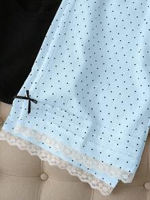 SHEIN LUNE 女士极简波点蕾丝边阔腿裤 - 藍色 - 查看 7