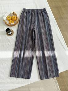 Comfortcana Linen Textured Striped Drawstring Waist Comfortable Casual Plus Size Pants - Navy Blue - View 2