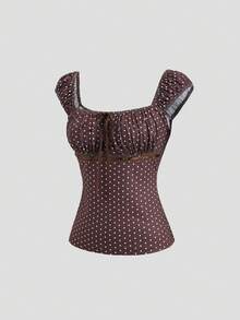 Sweetra Retro American Polka Dot Square Collar Bow Lace Patchwork Slim Fit Women Summer T-Shirt - Coffee Brown - View 6