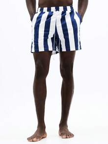 SUMWON 男士竖条纹沙滩短裤，弹性腰带，侧边口袋，夏季泳装，休闲度假尼龙冲浪服 - 黑與白 - 查看 3