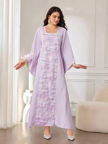 Al Najma Rochie Abaya maxi elegantă pentru femei, cu broderie florală, decolteu în V, mânecă lungă, culoare lavandă - Violet - Vizualizare 4