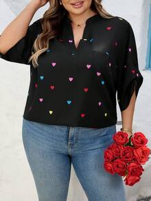 SHEIN CURVE+ 加大码女式V领爱心印花休闲日常通勤中袖衬衫/情人节/大码女式V领爱心印花休闲日常通勤中袖衬衫 - 彩色 - 查看 8
