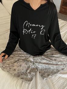DAZY 2pcs Women Floral Print V-Neck Loose Long Sleeve T-Shirt And Pants Pajama Set - Black - View 1