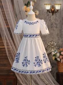 SHEIN Young Girls' White Print Waist Cinched Dress, Cute Puff Sleeves, Suitable For Party, Holiday, Daily, Vacation, Casual & Versatile - White - View 9