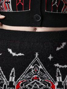 ROMWE Gothic Castle & Church Pattern Mini Bodycon Skirt For Plus Size Women - Black - View 6