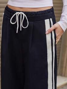 Maija 女士侧条纹抽绳腰直筒宽松休闲裤，节日 - 藏蓝色 - 查看 7