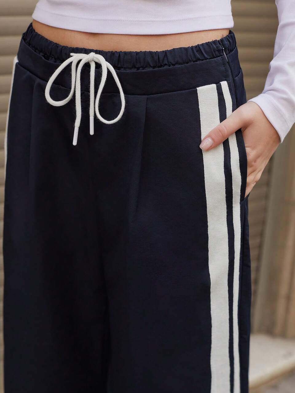 SHEIN Maija Women Side Striped Drawstring Waist Straight Loose Casual Pants,Festival