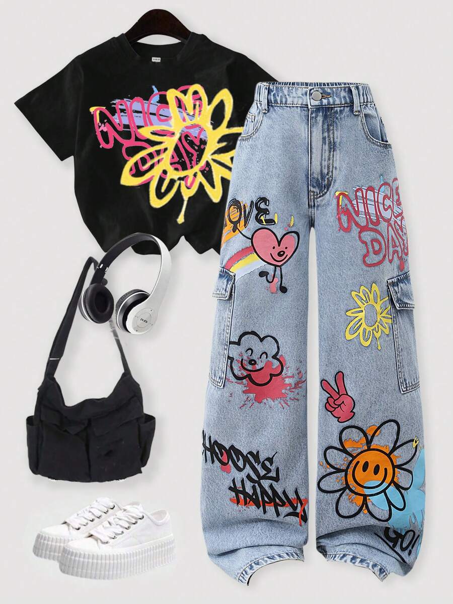 SHEIN Teen Girl Denim Cargo Wide Leg Jeans, Sweet & Cool Street Fashion Casual College Style Vacation Recommendation, Pink Heart And English Print Cute Sweet, Side Pockets Design Street Cargo, Elastic Waistband Comfortable, Loose Fit Flattering, Button Front Closure Convenient, Suitable For Home, Daily Wear, Date, Shopping - Light Wash - View 1