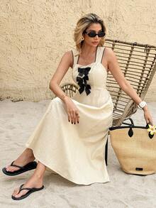 SHEIN Frenchy 女士夏季度假撞色滚边蝴蝶结装饰中长连衣裙 - 杏色 - 查看 5