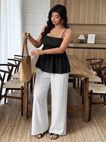Weeklong Plus Size Women Black Summer Smart Casual Everyday Vacation Outfit Sets,Spaghetti Strap Square Neck Contrast Stripe Ruffle Hem 2 Pieces Wide Leg Pants - Black and White - View 4