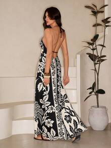 SHEIN Tall 女士度假热带波西米亚风花朵椰树印花吊带系带休闲沙滩夏季长裙 - 彩色 - 查看 2