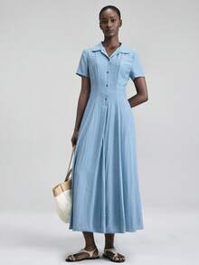 Ontre 2026春夏新款石板蓝长袖收腰喇叭下摆娃娃领连衣裙，适合现代都市派对、返校季、都市简约休闲日常穿着、波西米亚风、度假、节日、情人节狂欢、女士沙滩装、优雅派对、女士正式场合礼服 - 淺藍色 - 查看 8