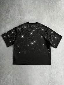 ROMWE MEN Street Life 男士闪亮钻石印花宽松短袖T恤 - 黑色 - 查看 2