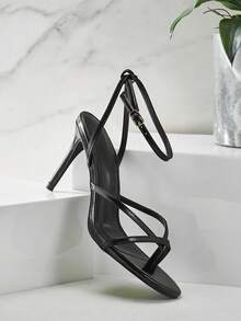 SHUZIA Women's Elegant Minimalist Patent PU Ankle Strap Stiletto Heel Sandals - Black - View 1