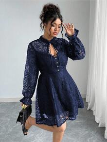 Elenzga Đầm ren dài tay thanh lịch dành cho nữ cỡ lớn, thích hợp cho tiệc tùng. - Màu xanh hải quân - Xem 5