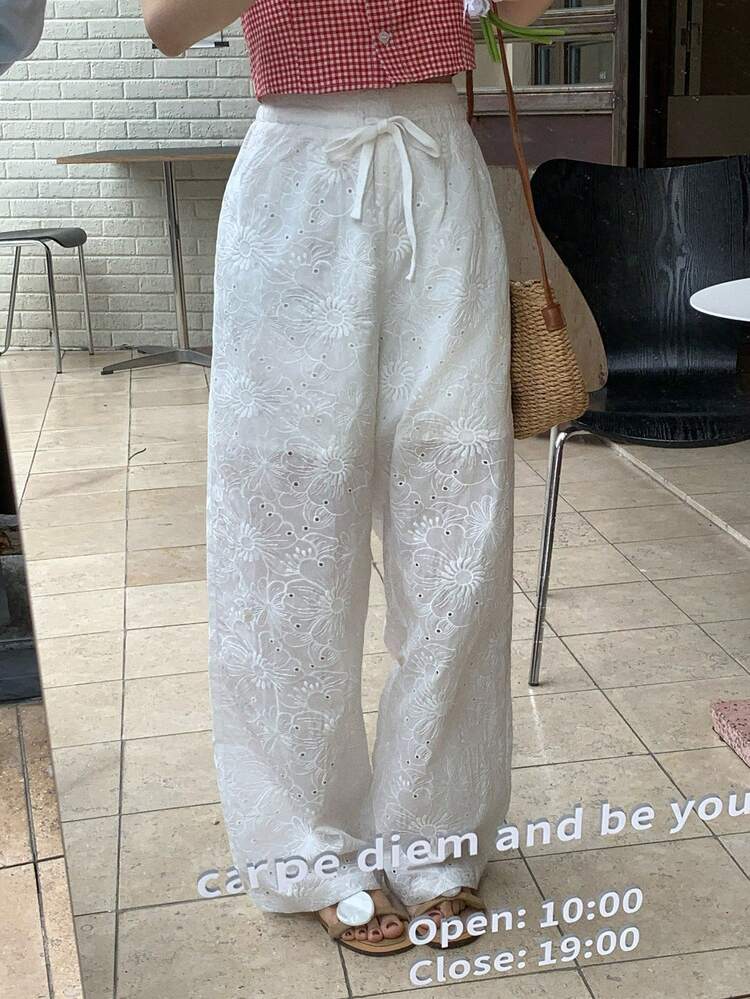 Women's Solid Color Jacquard Loose Drawstring Elastic Waist Straight Leg Cropped Pants, Casual Vacation, Spring/Autumn