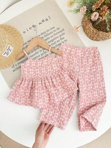 SHEIN LMoss Kids Babygirl Cute Ditsy Floral Camisole Top And Elastic Waist Pants Set, Summer - Pink - View 1