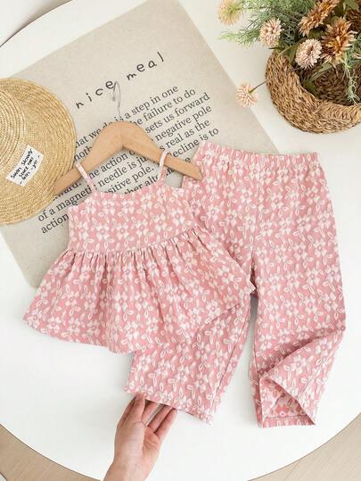 SHEIN LMoss Kids Babygirl Cute Ditsy Floral Camisole Top And Elastic Waist Pants Set, Summer